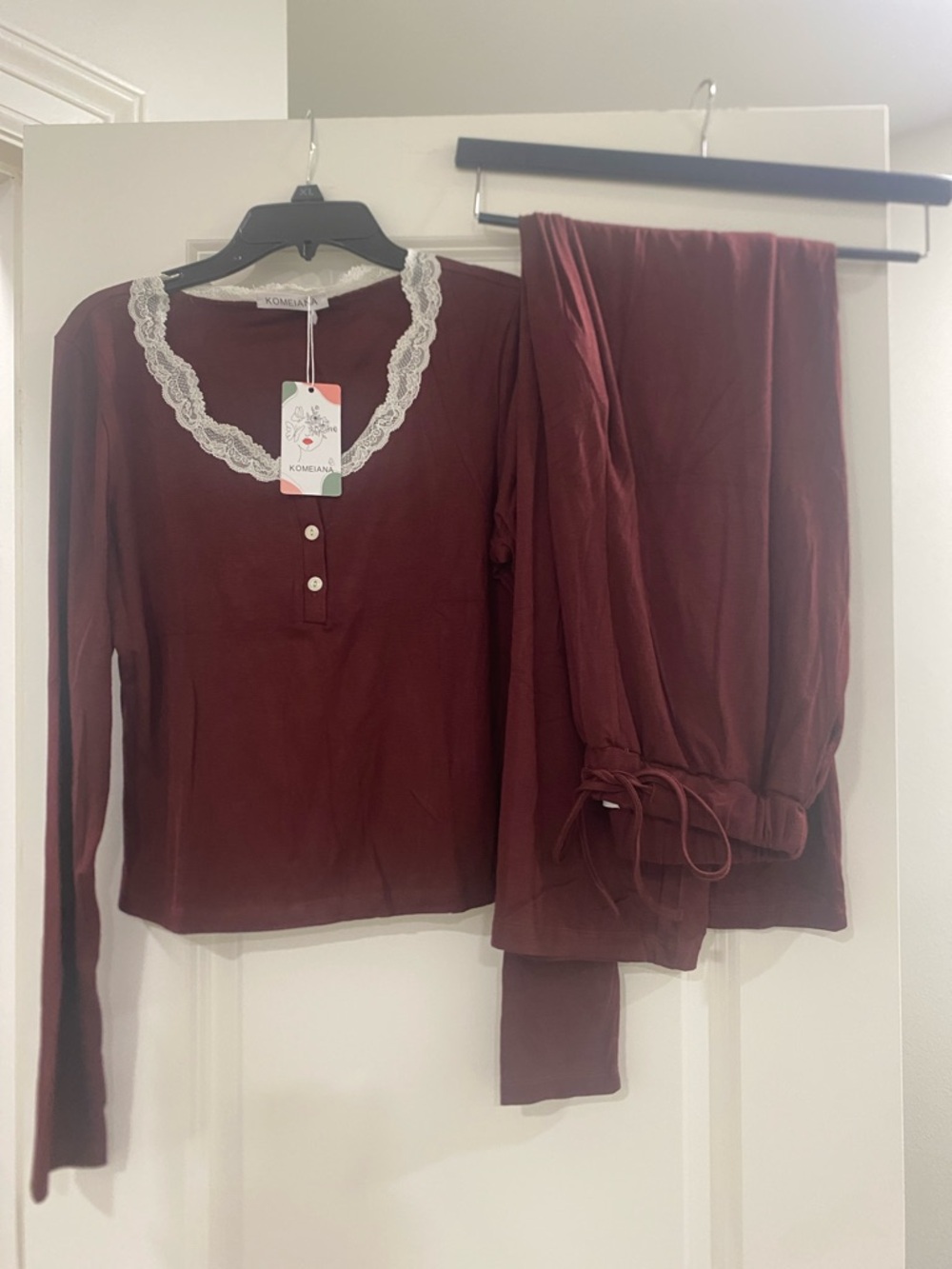 Women's Burgundy Lace-Trim Pajama Set